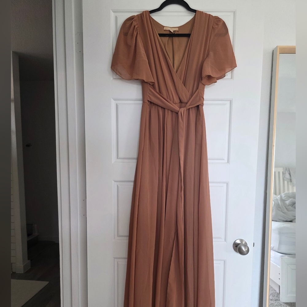Flutter Sleeve Chiffon Bridesmaid Dress Long V Neck Formal In Rust